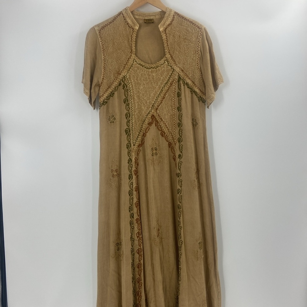 Geeta beige embroidered neutral rayon career school boho maxi dress